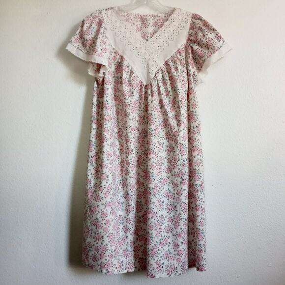 Vintage Prairie Nightie Pink Roses Adult M / L Cottage Core Cotton White Eyelet - Picture 1 of 8